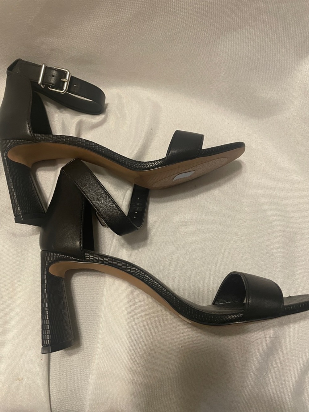 Vince Camuto Black Square Toe Block Heel Sandals with Ankle Strap